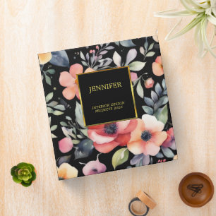 Elegant watercolor flowers black gold professional 3 ring binder