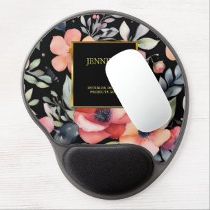Elegant watercolor flowers black gold professional gel mouse pad