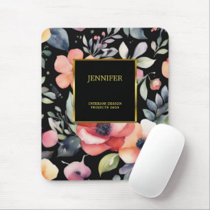 Elegant watercolor flowers black gold professional mouse pad