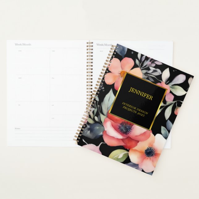 Elegant watercolor flowers black gold professional planner (Display)