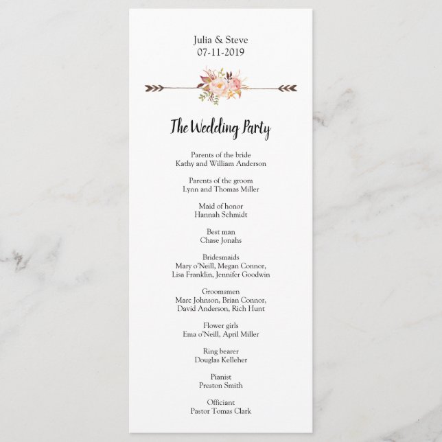 Elegant Watercolor Flowers Bohemian Wedding Program (Front)