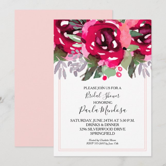 Elegant Watercolor Flowers Bridal Shower Invitation (Front/Back)