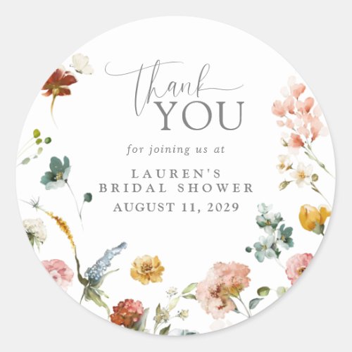 Elegant Watercolor Flowers Bridal Shower Thank You Classic Round Sticker