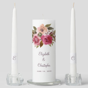 Elegant Watercolor Flowers Bride & Groom Wedding Unity Candle Set