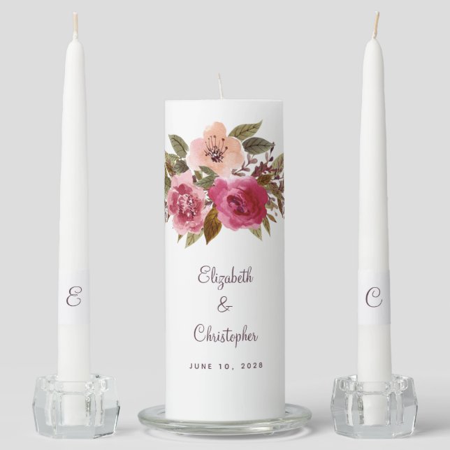 Elegant Watercolor Flowers Bride & Groom Wedding Unity Candle Set (Front)