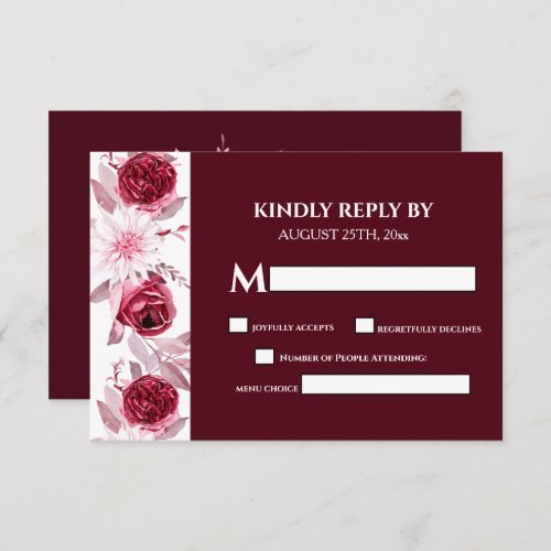 Elegant Watercolor Flowers Burgundy Wedding RSVP Card