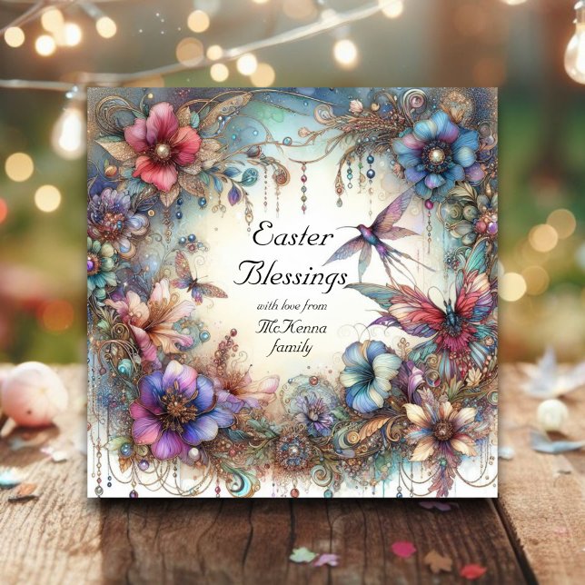 Elegant Watercolor Flowers Easter Blessings  Holiday Card (Creator Uploaded)