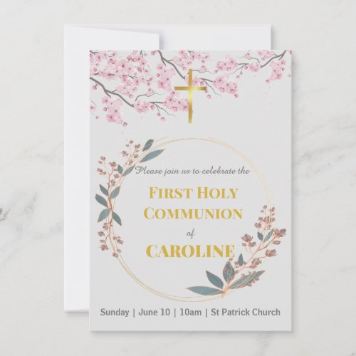 Elegant Watercolor Flowers First Communion Invitation