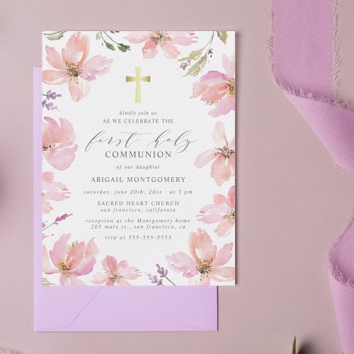 Elegant Watercolor Flowers First Holy Communion Invitation Postcard