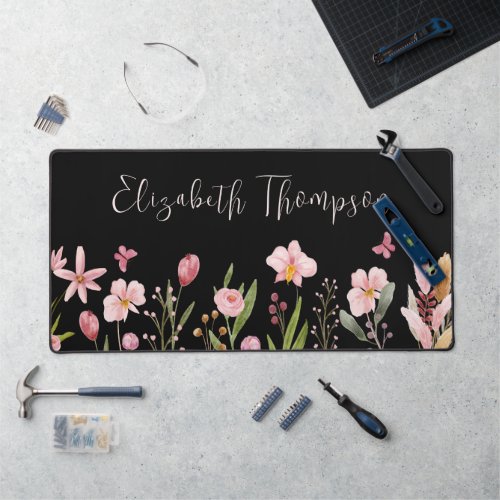 Elegant Watercolor Flowers Girly Script Name Black Desk Mat