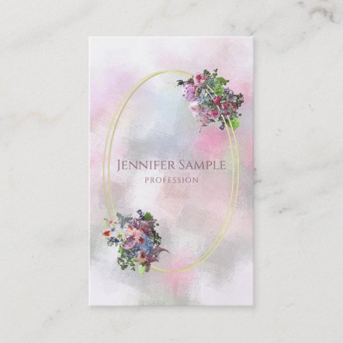 Elegant Watercolor Flowers Gold Frame Abstract Business Card