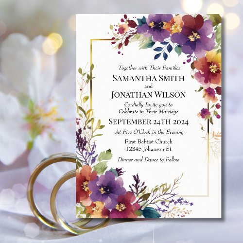 Elegant Watercolor Flowers Gold Frame Wedding  Invitation