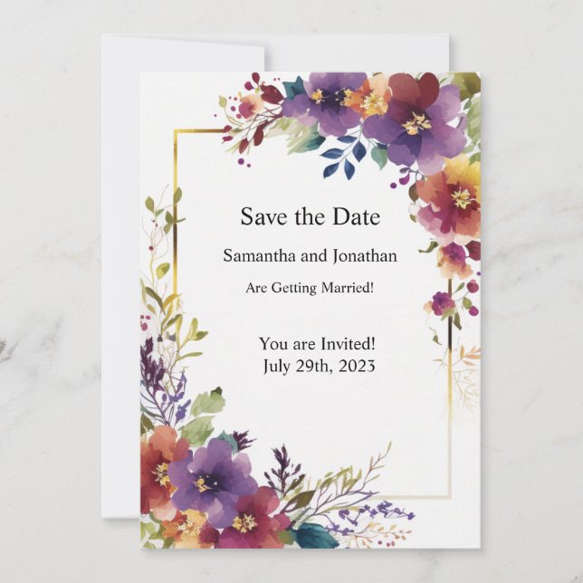 Elegant Watercolor Flowers Gold Save the Date Card (Front)