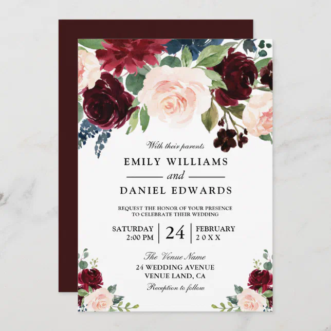 Elegant Watercolor Flowers Modern Wedding Invitation | Zazzle