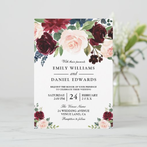 Elegant Watercolor Flowers Modern Wedding Invitation | Zazzle