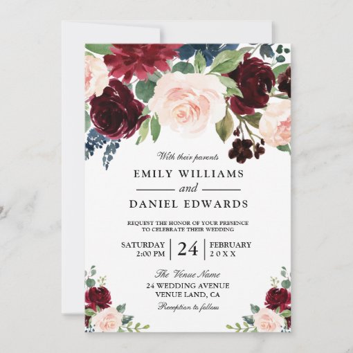 Elegant Watercolor Flowers Modern Wedding Invitation | Zazzle