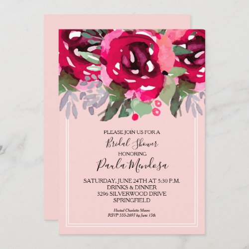 Elegant Watercolor Flowers Pink Bridal Shower Invitation