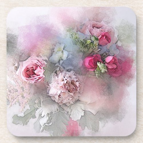 Elegant Watercolor Flowers Roses Bouquet Template Beverage Coaster
