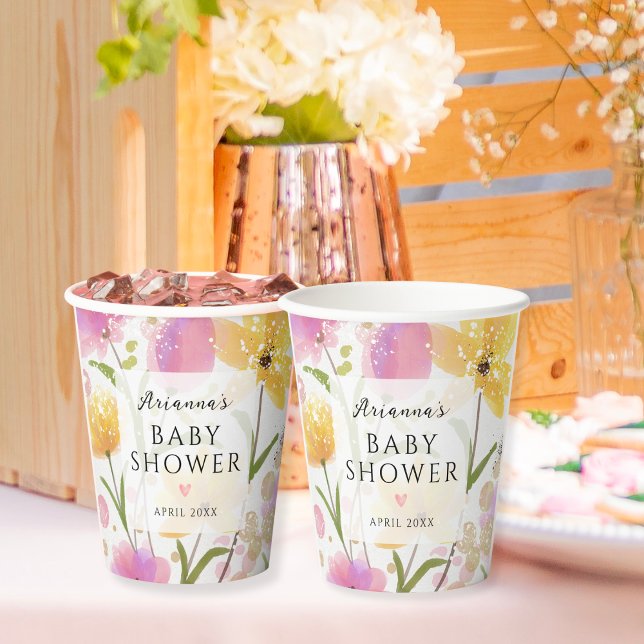 Elegant Watercolor Flowers Script Baby Shower  Paper Cups (Creator Uploaded)
