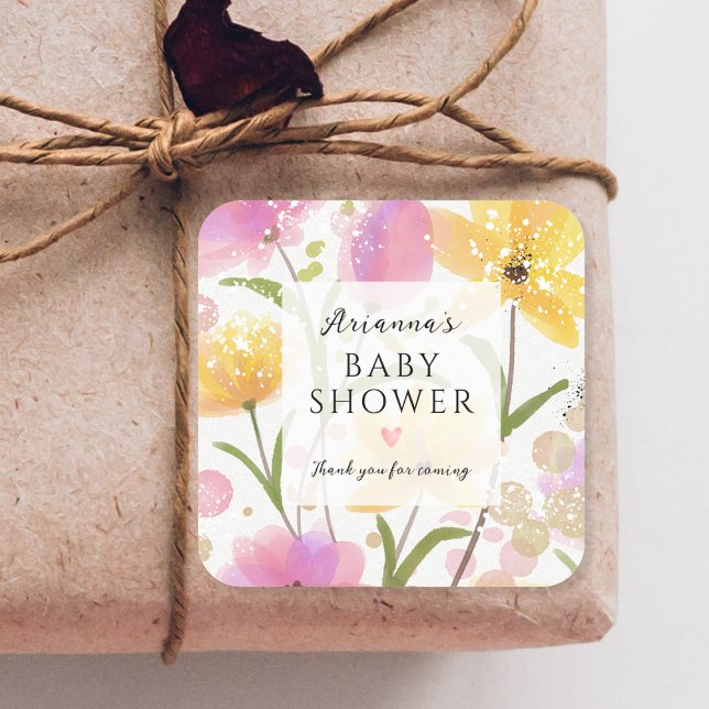 Elegant Watercolor Flowers Script Baby Shower  Square Sticker (Creator Uploaded)