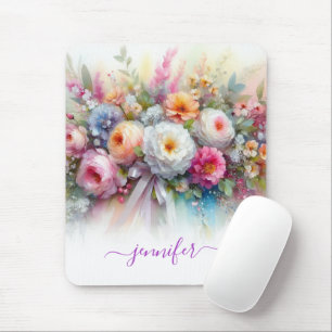 Elegant Watercolor Flowers Script Name Vertical Mouse Pad