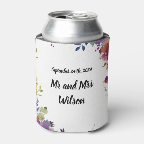 Elegant Watercolor Flowers Wedding  Can Cooler