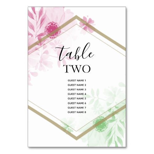 Elegant Watercolor Flowers Wedding Guest Names Table Number