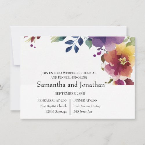 Elegant Watercolor Flowers Wedding Rehearsal  Invitation