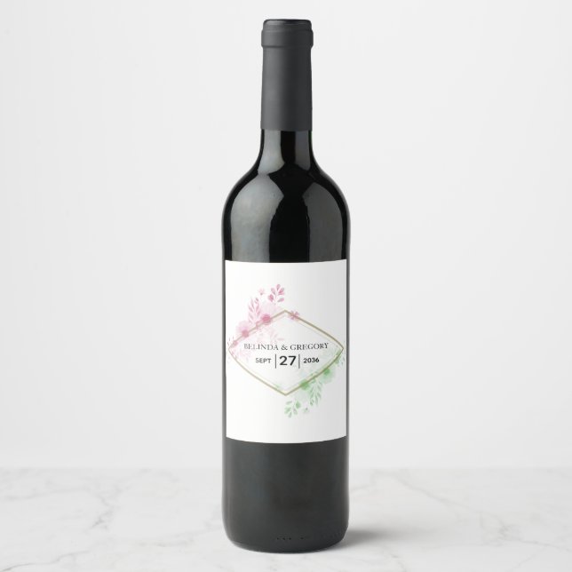 Elegant Watercolor Flowers Wedding Wine Label (Front)