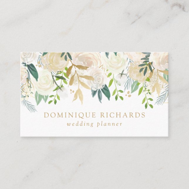Elegant Watercolor Flowers with Faux Gold Foil Business Card (Front)