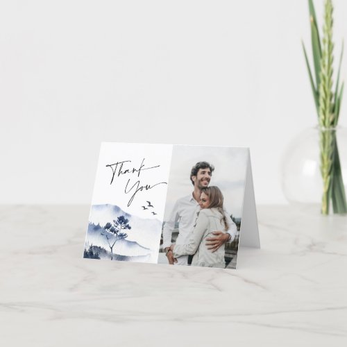 Elegant Watercolor Foggy Forest Wedding Photo Thank You Card