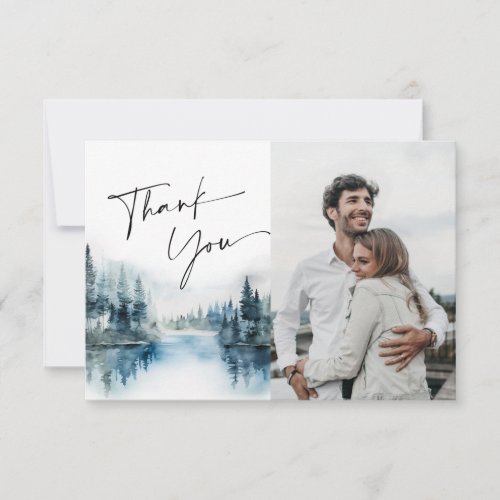 Elegant Watercolor Foggy Forest Wedding Photo Thank You Card