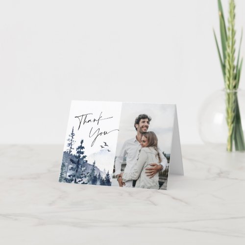 Elegant Watercolor Foggy Forest Wedding Photo Thank You Card