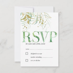 Elegant Watercolor Foliage and Gold Leaves RSVP Card