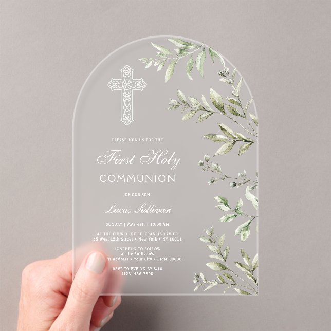 Elegant Watercolor Foliage Arch First Communion Acrylic Invitations (Insitu (Handheld))