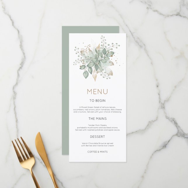 Elegant Watercolor Foliage Gold Sage Wedding Menu (Front/Back In Situ)