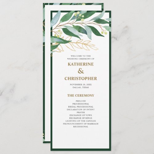 Elegant Watercolor Foliage Green Wedding Program