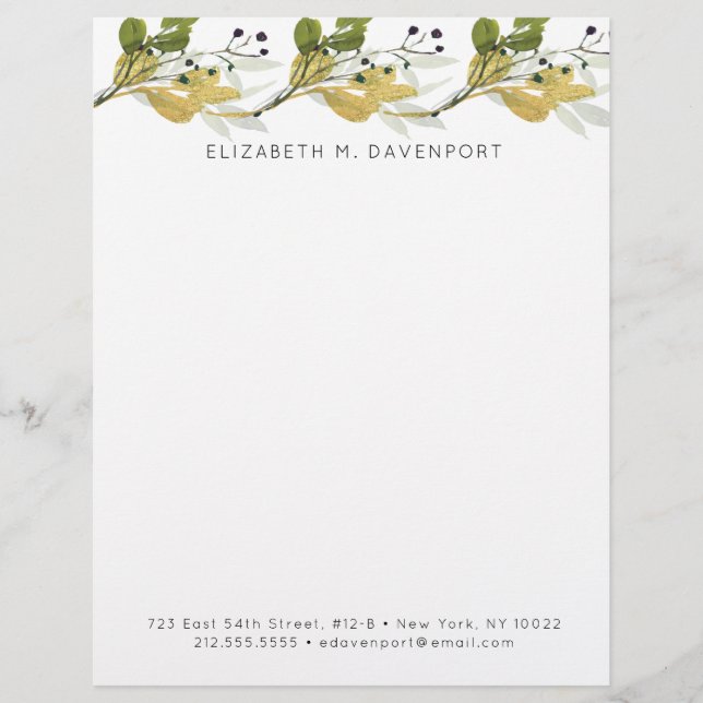 Elegant Watercolor Foliage Greenery Letterhead (Front)