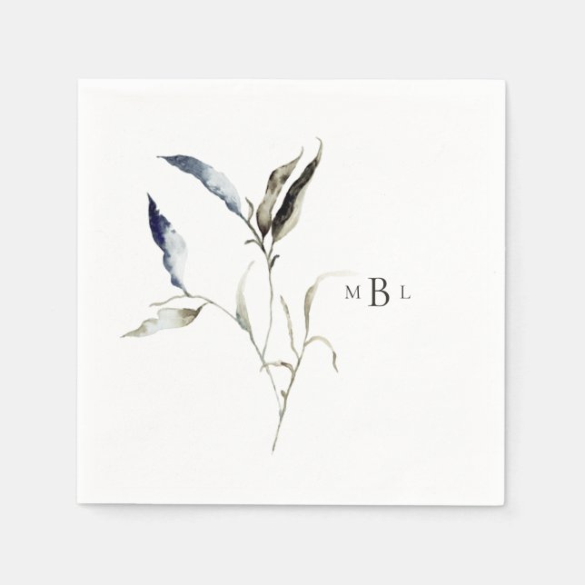 Elegant Watercolor Foliage Monogram Cocktail Napkins (Front)