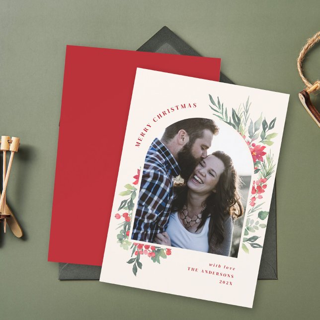 Elegant Watercolor Foliage Photo Arch Christmas Holiday Card (Creator Uploaded)