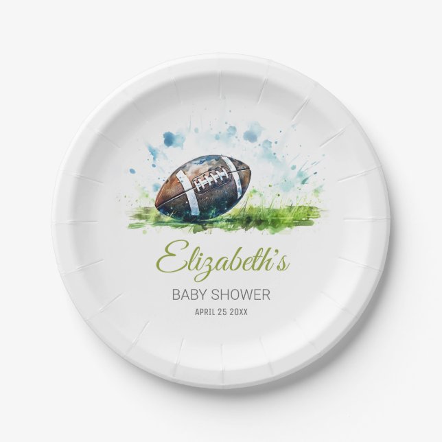 Elegant Watercolor Football Baby Shower Paper Plates (Front)