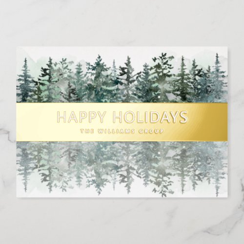 Elegant Watercolor Forest Business  Foil Holiday Card