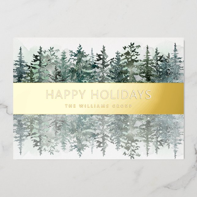 Elegant Watercolor Forest Business  Foil Holiday Card (Front)