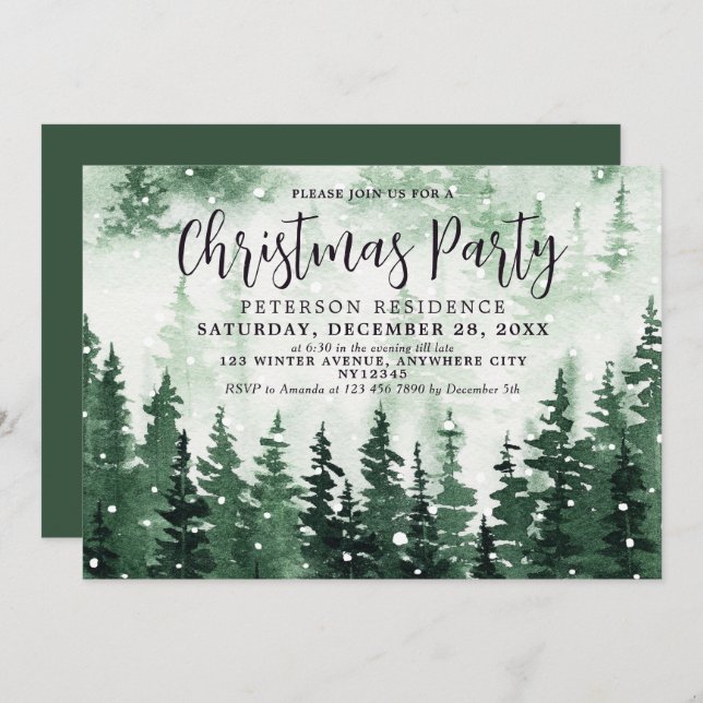 Elegant Watercolor Forest Christmas Party Invitation (Front/Back)