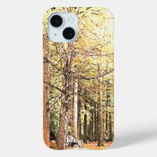 Elegant watercolor forest trees in autumn iPhone 15 case
