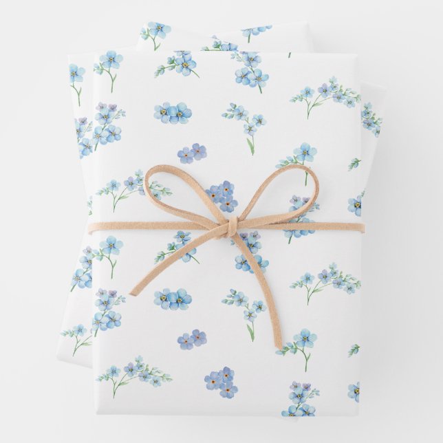 Elegant Watercolor Forget Me Not Flowers Wrapping Paper Sheets (In situ)