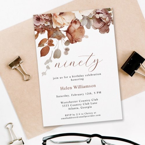 Elegant Watercolor Garden Floral 90th Invitation