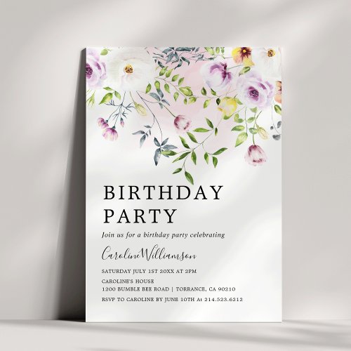 Elegant Watercolor garden flowers Birthday Party Invitation