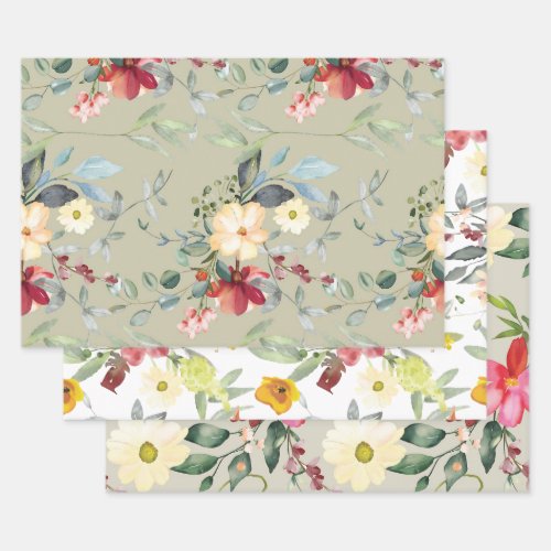 Elegant Watercolor Garden Flowers Pink Yellow Blue Wrapping Paper Sheets