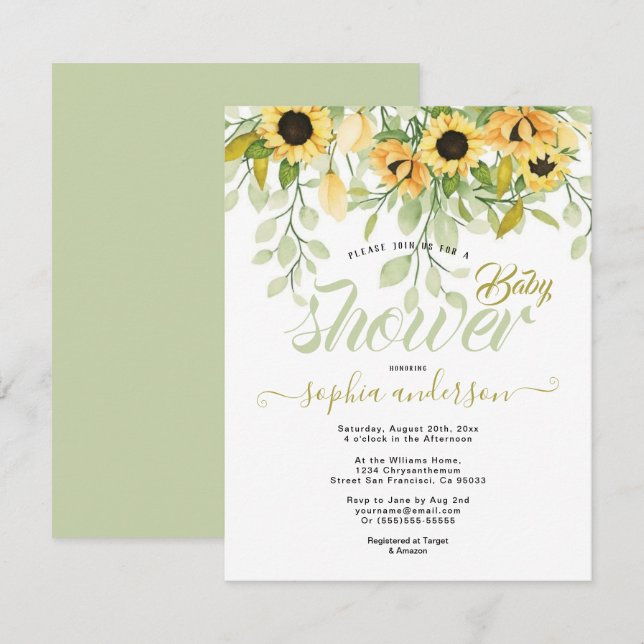 Elegant Watercolor Garden Sunflowers Baby shower  Invitation (Front/Back)
